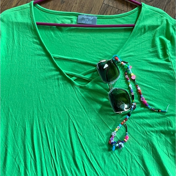 Masseys Shirt Lime Green V Neck Crisscross Flowey Cap Short Sleeves Plus Size 3x - Picture 2 of 12